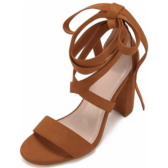 Womens High Heel Lace Up Strappy Suede Sandals Size 7 Brown Camel Block Heel - Picture 3 of 11